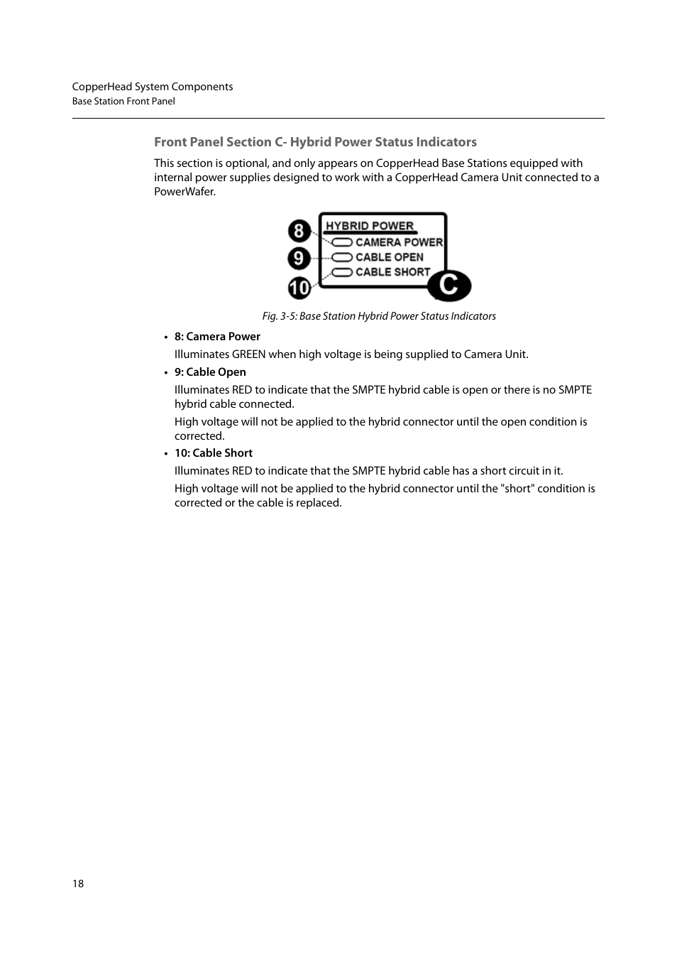 Front panel section c- hybrid power status, Indicators | Grass Valley CopperHead PowerWafer User Manual | Page 22 / 46