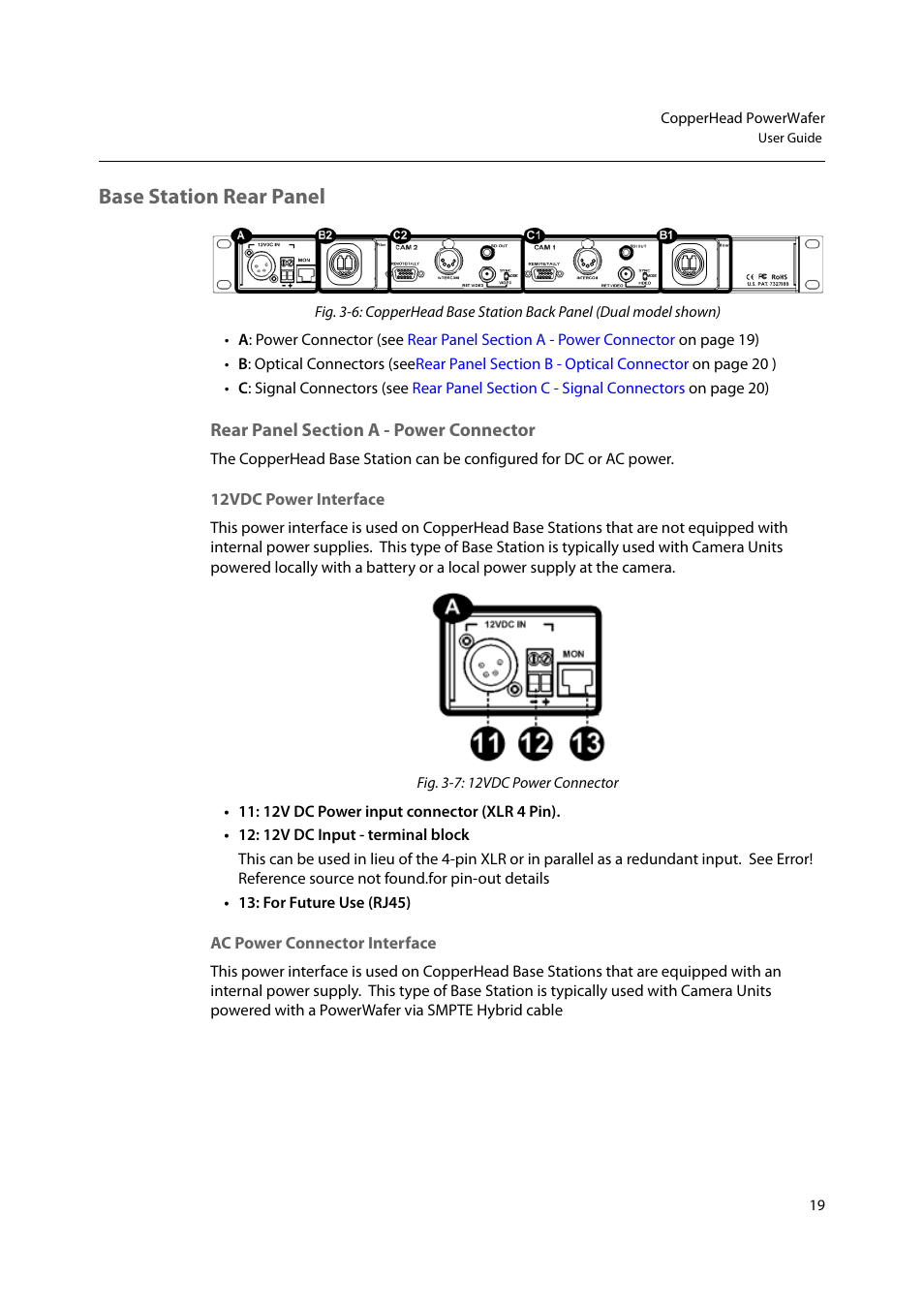 Base station rear panel, Rear panel section a - power connector | Grass Valley CopperHead PowerWafer User Manual | Page 23 / 46