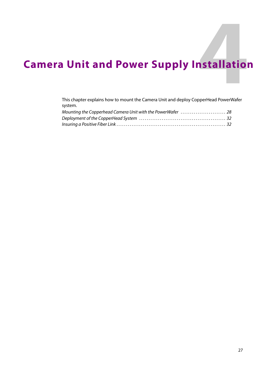 4 camera unit and power supply installation, Camera unit and power supply installation | Grass Valley CopperHead PowerWafer User Manual | Page 31 / 46