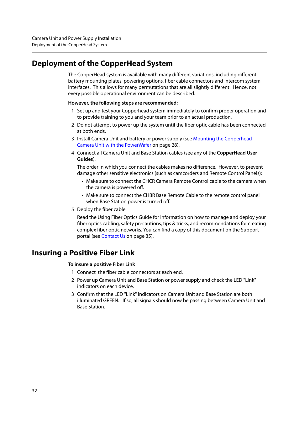 Deployment of the copperhead system, Insuring a positive fiber link | Grass Valley CopperHead PowerWafer User Manual | Page 36 / 46