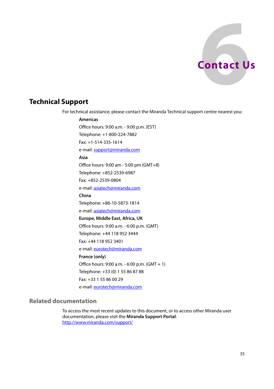 6 contact us, Technical support, Related documentation | Nda (see, Contact us | Grass Valley CopperHead PowerWafer User Manual | Page 39 / 46