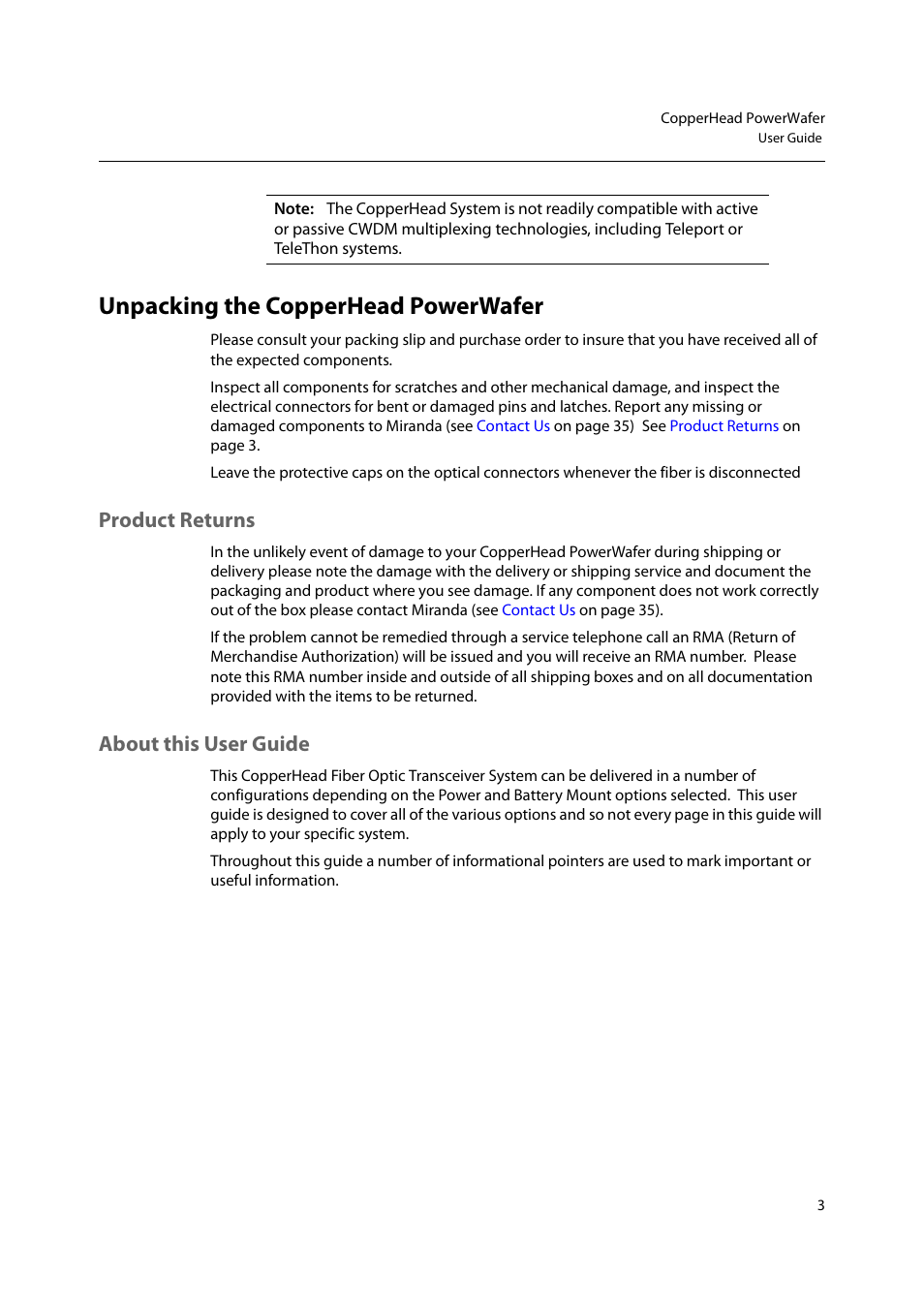 Unpacking the copperhead powerwafer, Product returns about this user guide, Product returns | About this user guide | Grass Valley CopperHead PowerWafer User Manual | Page 7 / 46