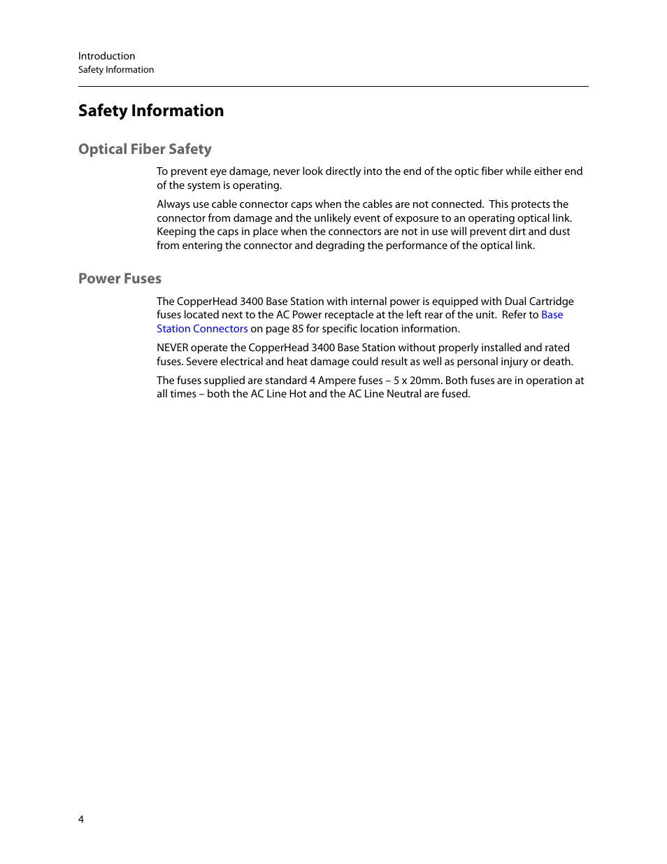 Safety information, Optical fiber safety power fuses, Optical fiber safety | Power fuses | Grass Valley 3400 CopperHead User Manual | Page 10 / 117