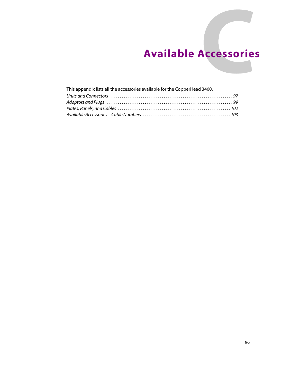 C available accessories, Available accessories, Available | Accessories | Grass Valley 3400 CopperHead User Manual | Page 102 / 117