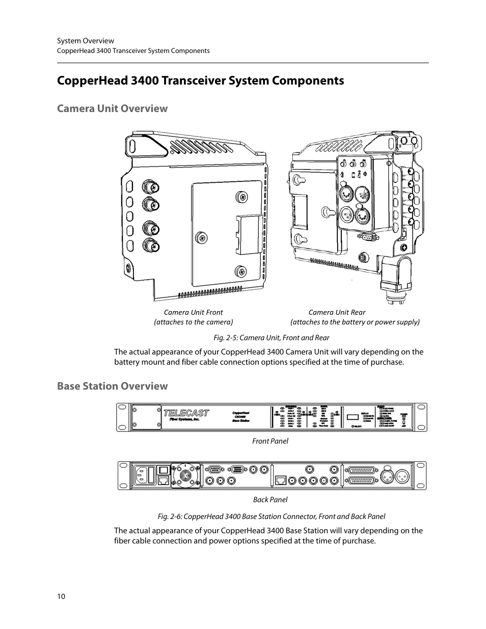 Copperhead 3400 transceiver system components, Camera unit overview base station overview, Camera unit overview | Base station overview | Grass Valley 3400 CopperHead User Manual | Page 16 / 117