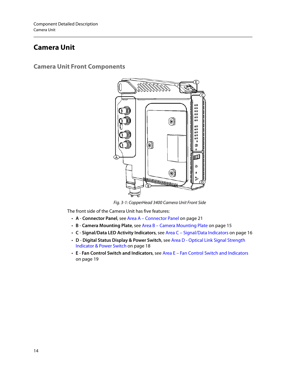 Camera unit, Camera unit front components | Grass Valley 3400 CopperHead User Manual | Page 20 / 117