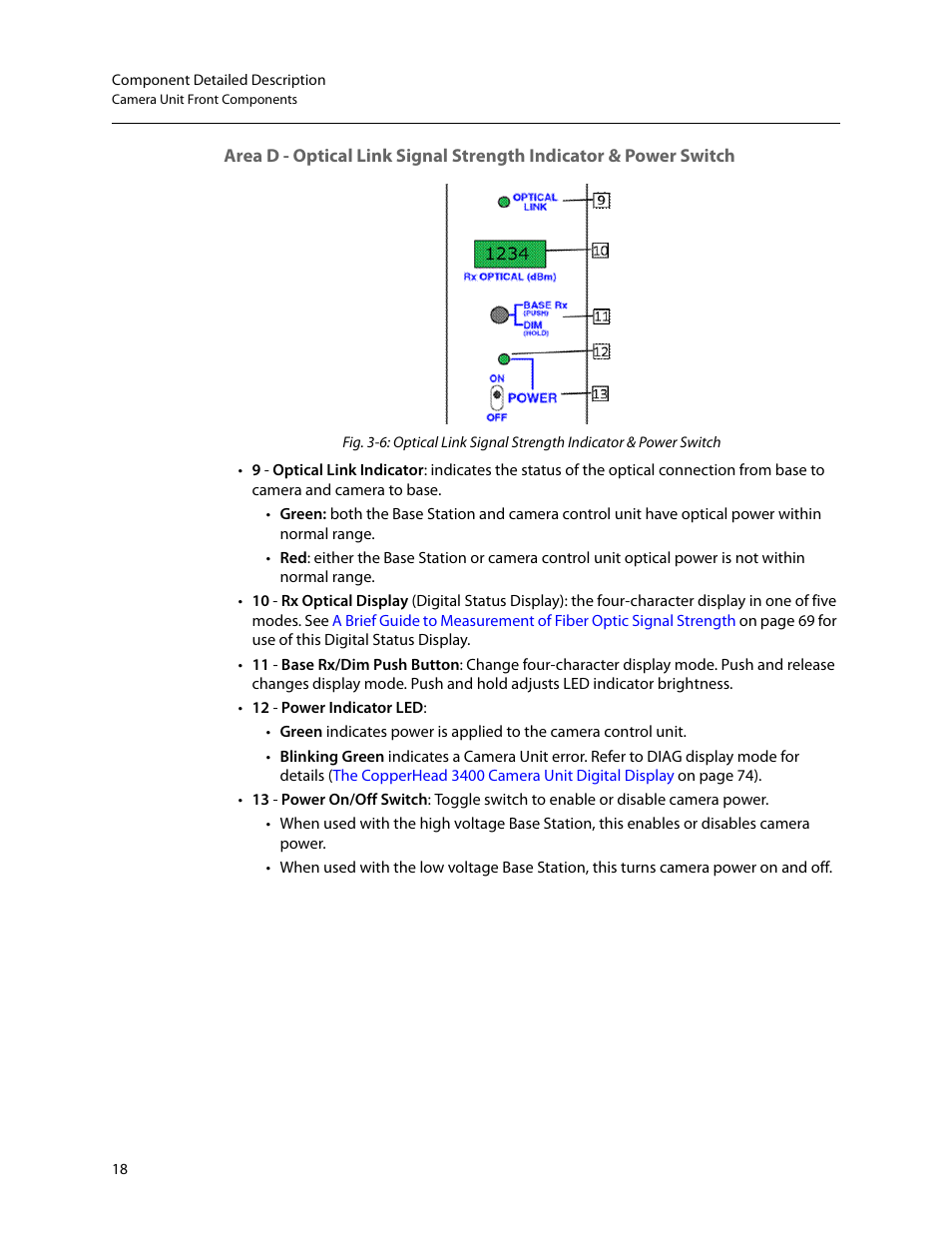 Area d - optical link signal strength, Indicator & power switch | Grass Valley 3400 CopperHead User Manual | Page 24 / 117