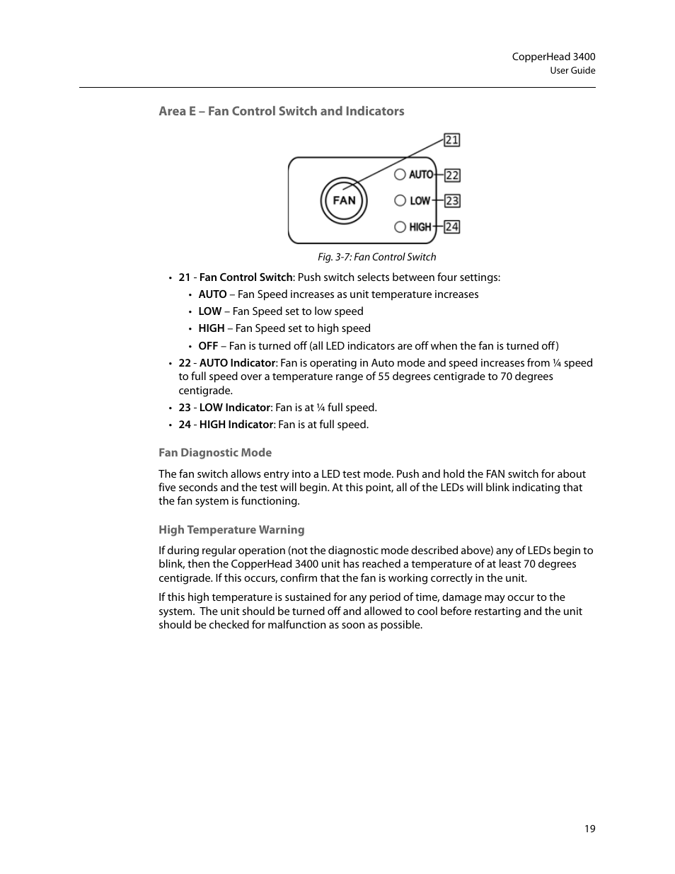 Area e – fan control switch and indicators | Grass Valley 3400 CopperHead User Manual | Page 25 / 117