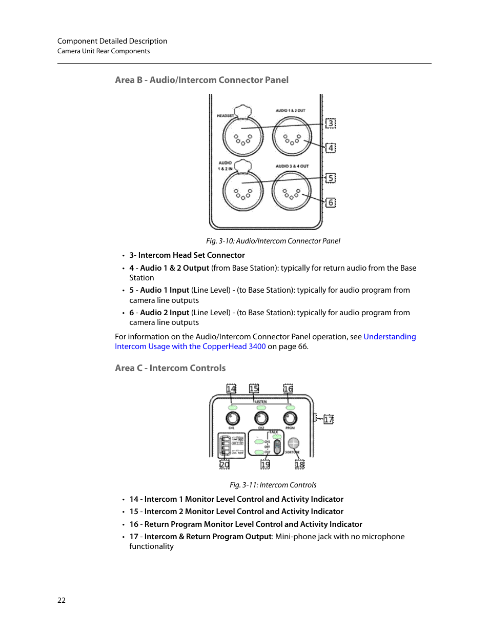 Area b - audio/intercom connector panel, Area c - intercom controls | Grass Valley 3400 CopperHead User Manual | Page 28 / 117