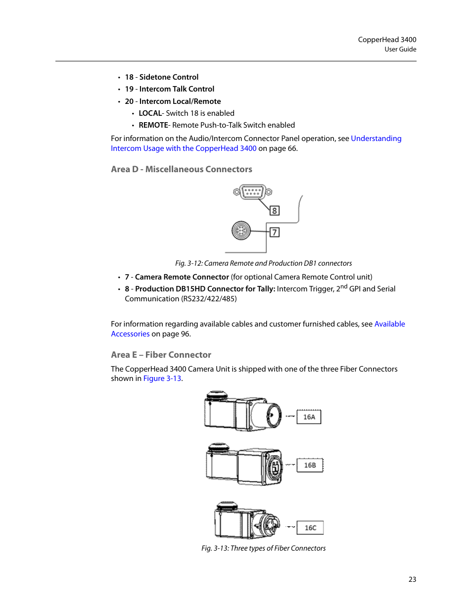 Area d - miscellaneous connectors, Area e – fiber connector | Grass Valley 3400 CopperHead User Manual | Page 29 / 117