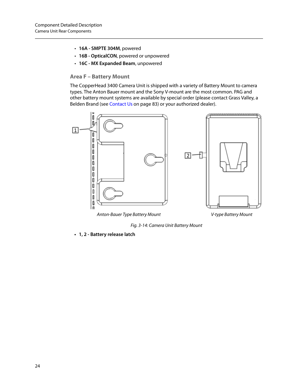 Area f – battery mount | Grass Valley 3400 CopperHead User Manual | Page 30 / 117