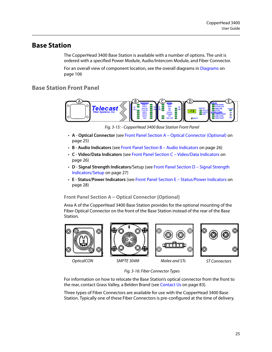 Base station, Base station front panel | Grass Valley 3400 CopperHead User Manual | Page 31 / 117