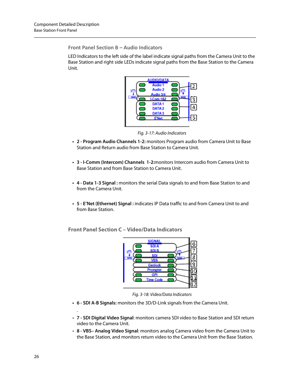 Front panel section b – audio indicators, Front panel section c – video/data indicators | Grass Valley 3400 CopperHead User Manual | Page 32 / 117