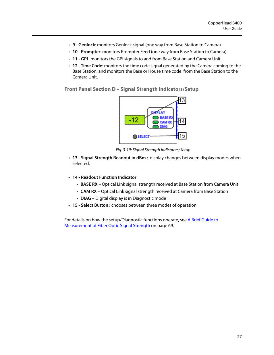 Setup (see, Front panel section d – signal strength, Indicators/setup | Grass Valley 3400 CopperHead User Manual | Page 33 / 117