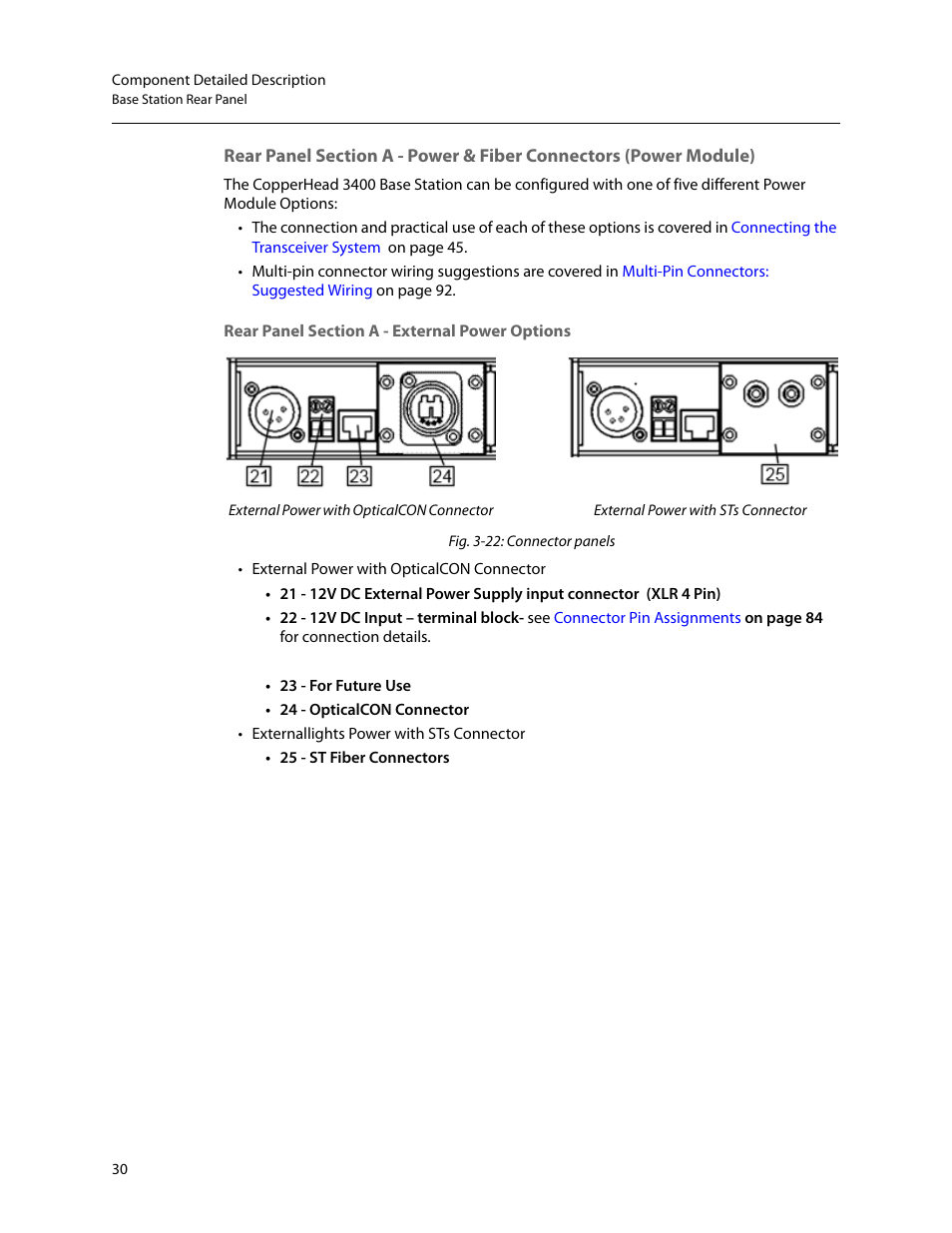 Rear panel section a - power & fiber connectors, Power module) | Grass Valley 3400 CopperHead User Manual | Page 36 / 117