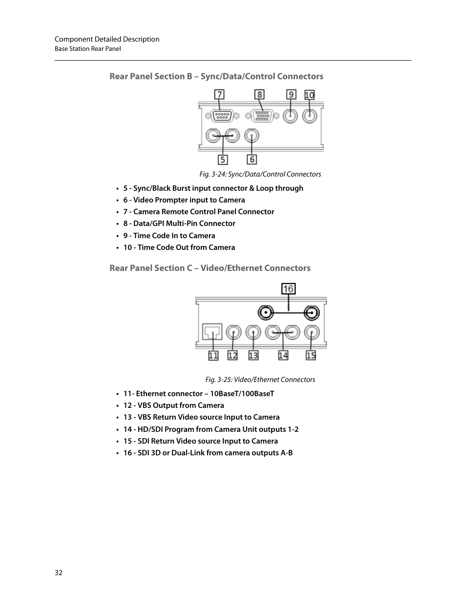 Rear panel section b – sync/data/control, Connectors, Rear panel section c – video/ethernet connectors | Grass Valley 3400 CopperHead User Manual | Page 38 / 117