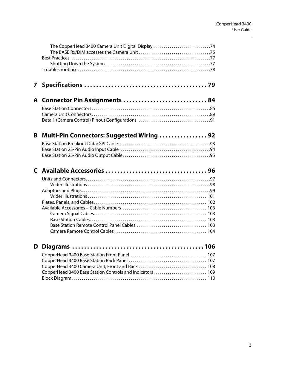 7 specifications a connector pin assignments, B multi-pin connectors: suggested wiring, C available accessories | D diagrams | Grass Valley 3400 CopperHead User Manual | Page 5 / 117