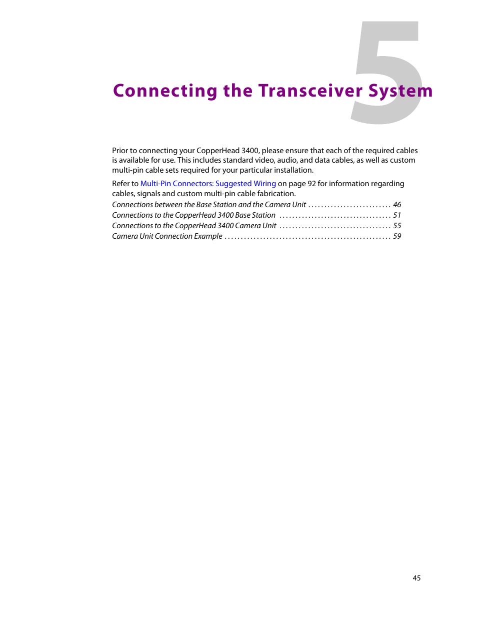 5 connecting the transceiver system, Connecting the transceiver system, D in | Connecting the, Transceiver system, Ation, see | Grass Valley 3400 CopperHead User Manual | Page 51 / 117