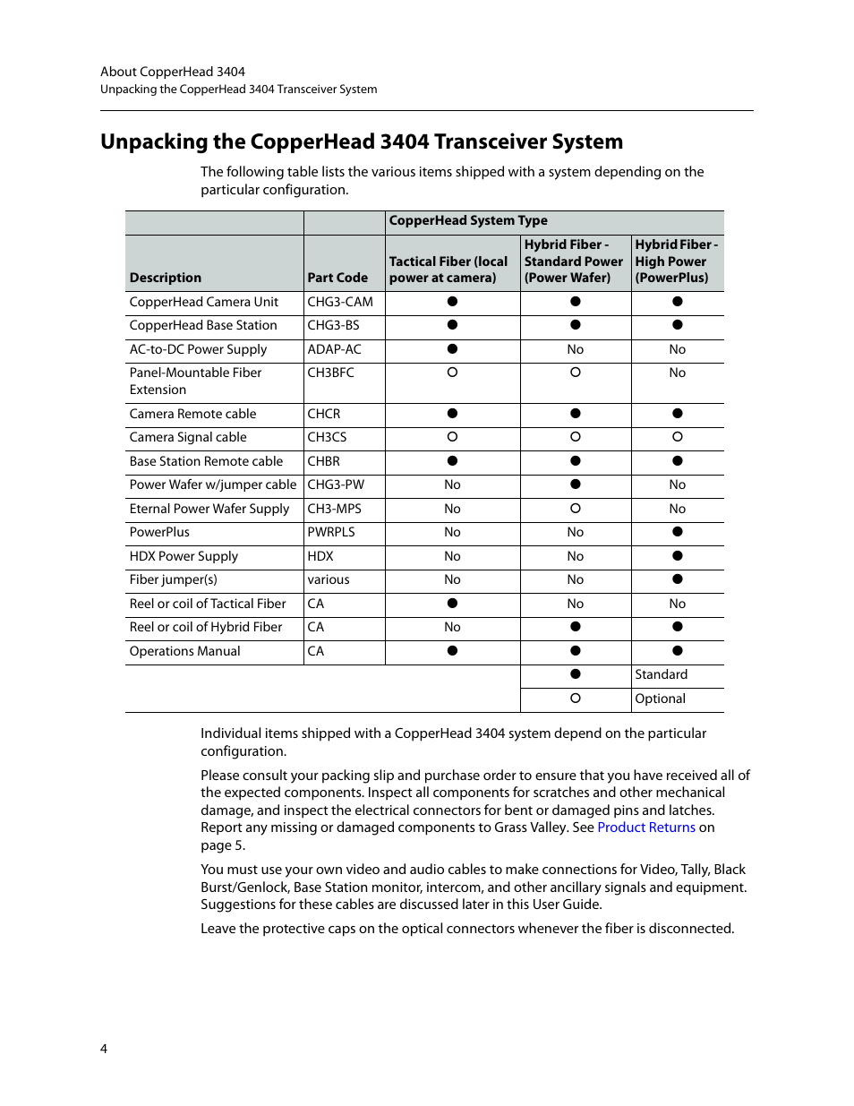 Unpacking the copperhead 3404 transceiver system | Grass Valley 3404 CopperHead User Manual | Page 10 / 111