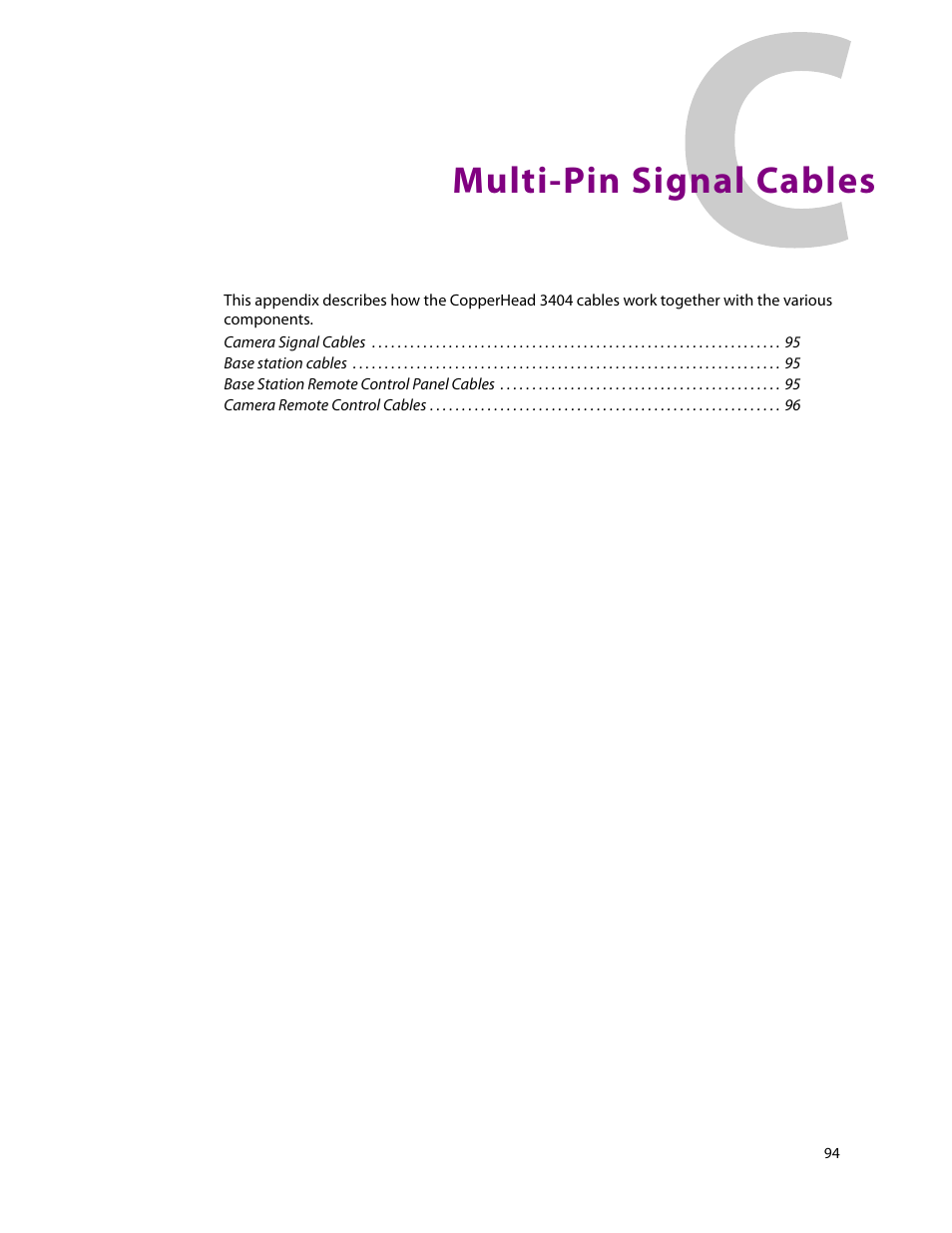 Multi-pin signal cables, C multi-pin signal cables, Multi-pin signal | Cables | Grass Valley 3404 CopperHead User Manual | Page 100 / 111