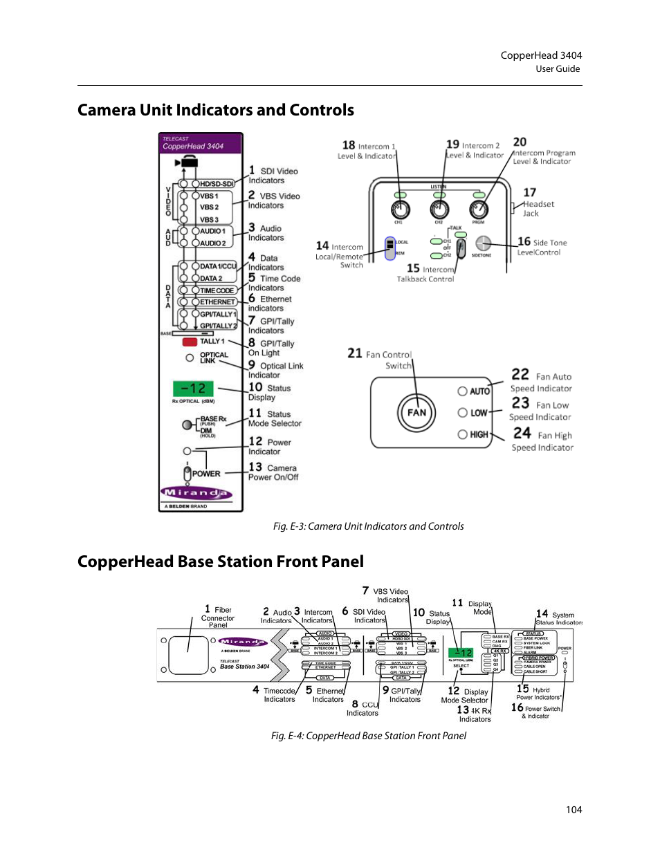 Camera unit indicators and controls, Copperhead base station front panel, M in | Grass Valley 3404 CopperHead User Manual | Page 110 / 111