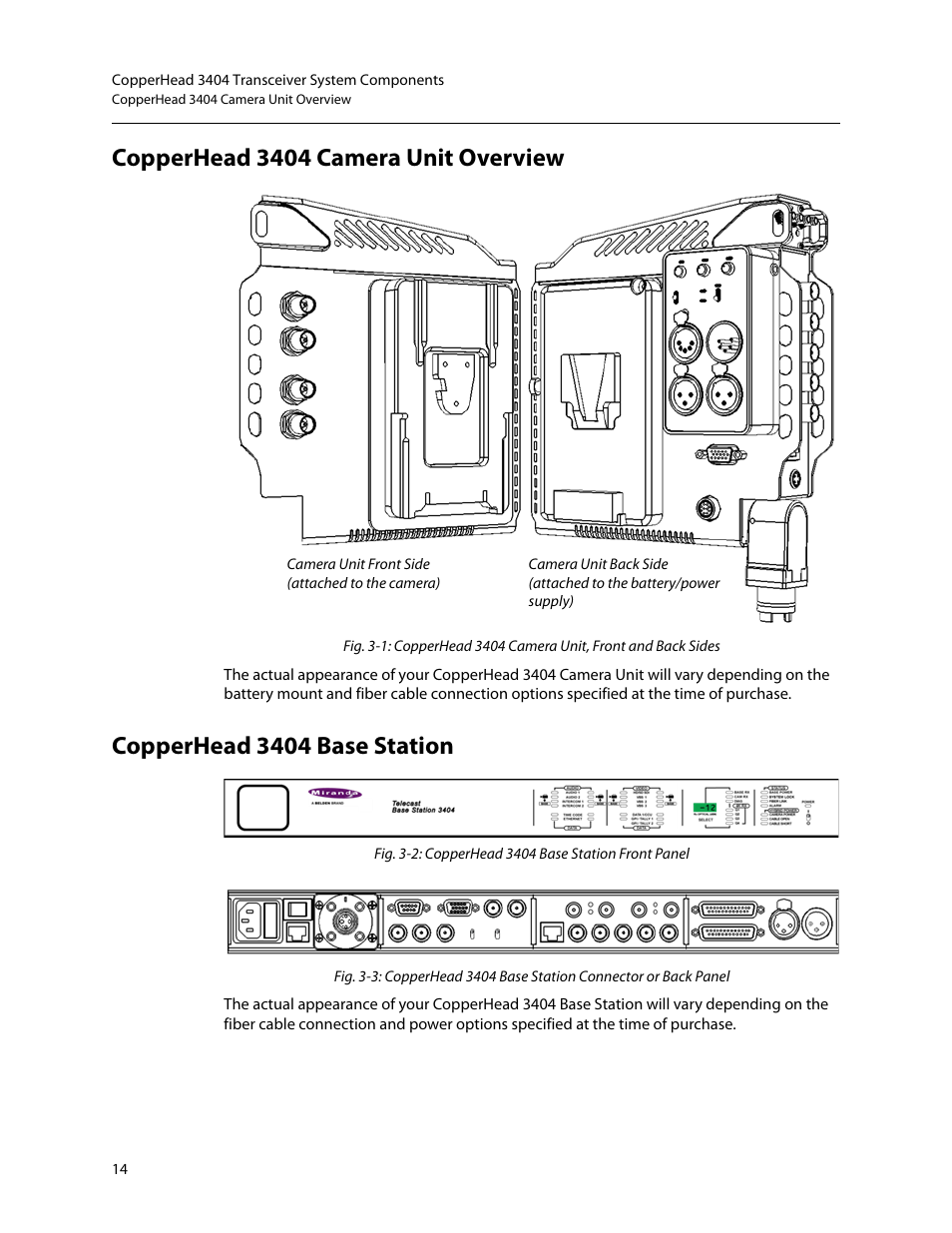 Copperhead 3404 camera unit overview, Copperhead 3404 base station | Grass Valley 3404 CopperHead User Manual | Page 20 / 111