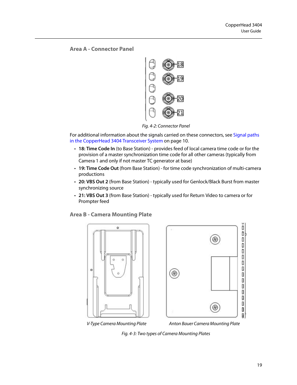 Area a - connector panel, Area b - camera mounting plate | Grass Valley 3404 CopperHead User Manual | Page 25 / 111