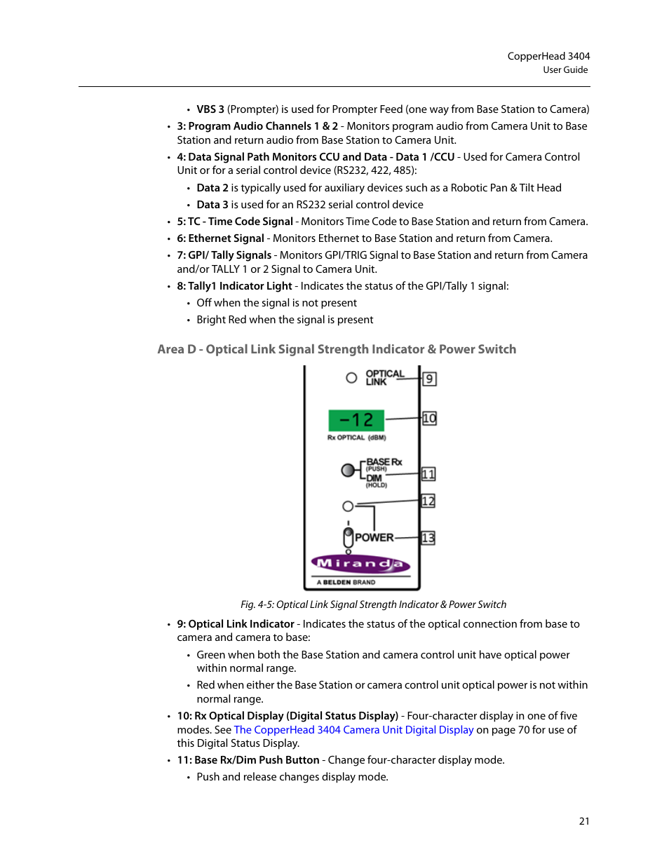 Area d - optical link signal strength, Indicator & power switch | Grass Valley 3404 CopperHead User Manual | Page 27 / 111