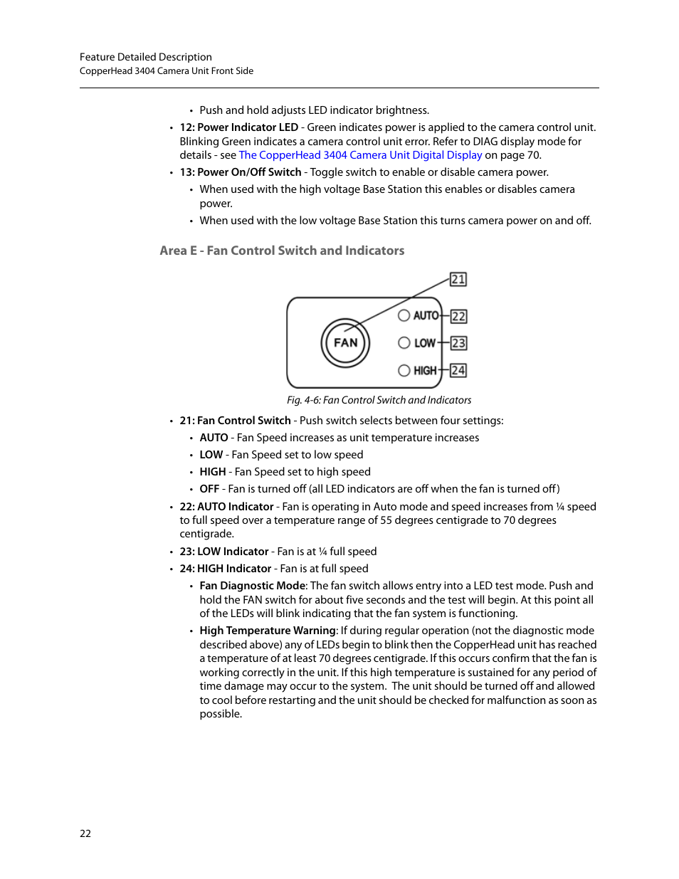 Area e - fan control switch and indicators | Grass Valley 3404 CopperHead User Manual | Page 28 / 111