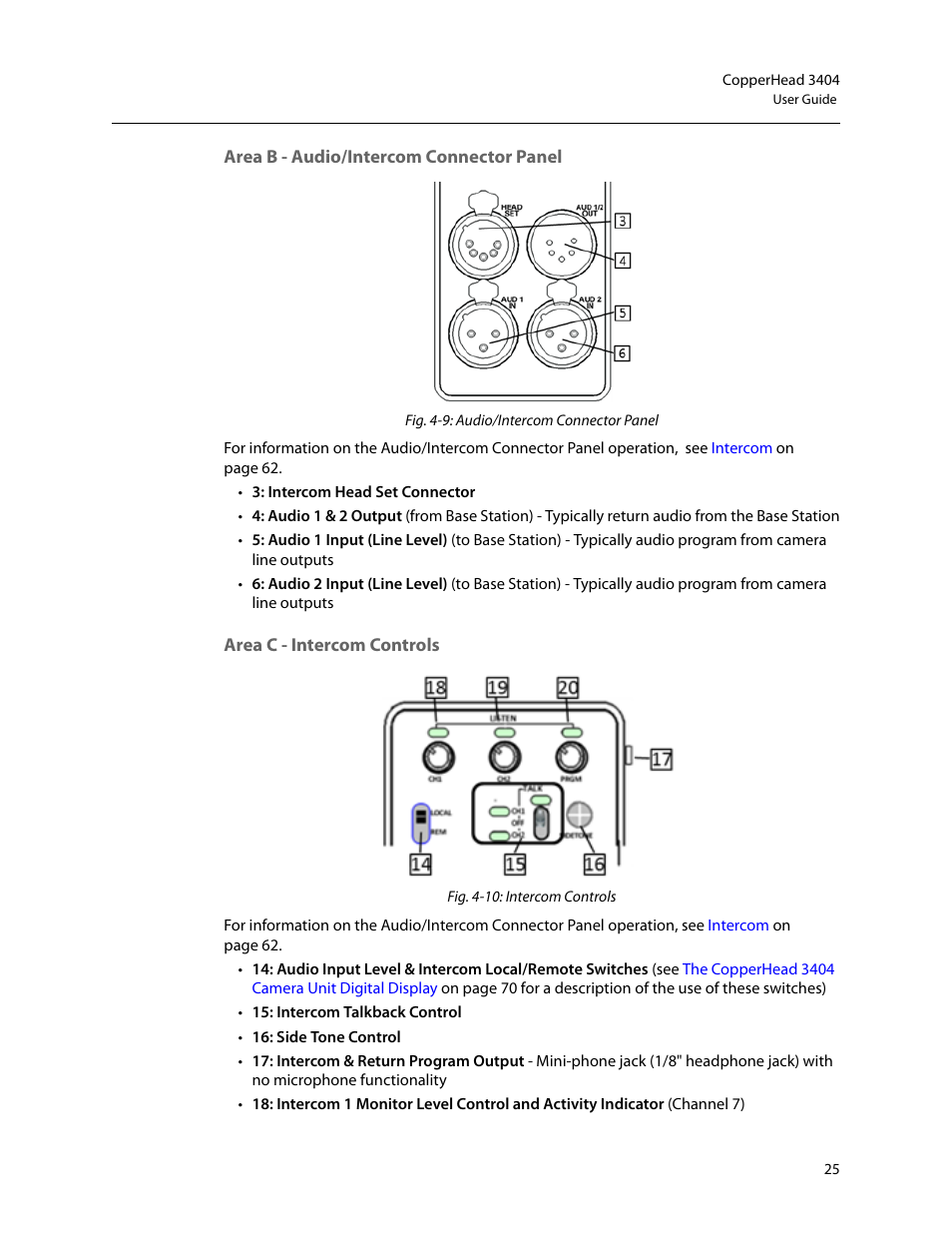 Area b - audio/intercom connector panel, Area c - intercom controls | Grass Valley 3404 CopperHead User Manual | Page 31 / 111