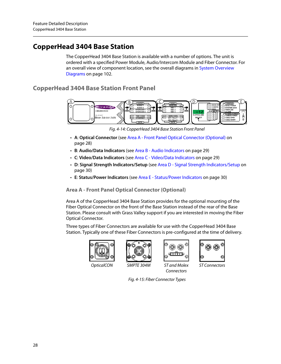 Copperhead 3404 base station, Copperhead 3404 base station front panel, Area a - front panel optical connector (optional) | Grass Valley 3404 CopperHead User Manual | Page 34 / 111