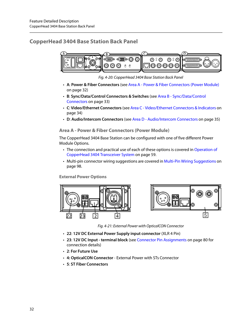 Copperhead 3404 base station back panel, Area a - power & fiber connectors (power module), External power options | Grass Valley 3404 CopperHead User Manual | Page 38 / 111