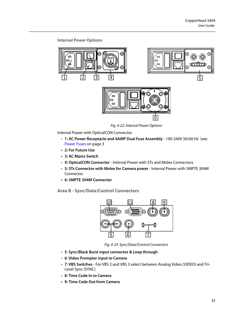 Internal power options, Area b - sync/data/control connectors, Area b - sync/data/control | Connectors | Grass Valley 3404 CopperHead User Manual | Page 39 / 111