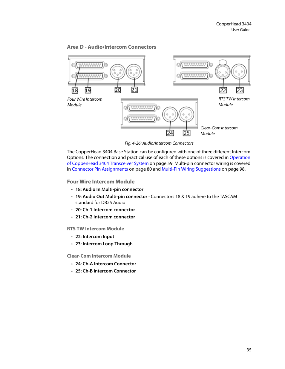 Area d - audio/intercom connectors, Four wire intercom module, Rts tw intercom module | Clear-com intercom module | Grass Valley 3404 CopperHead User Manual | Page 41 / 111