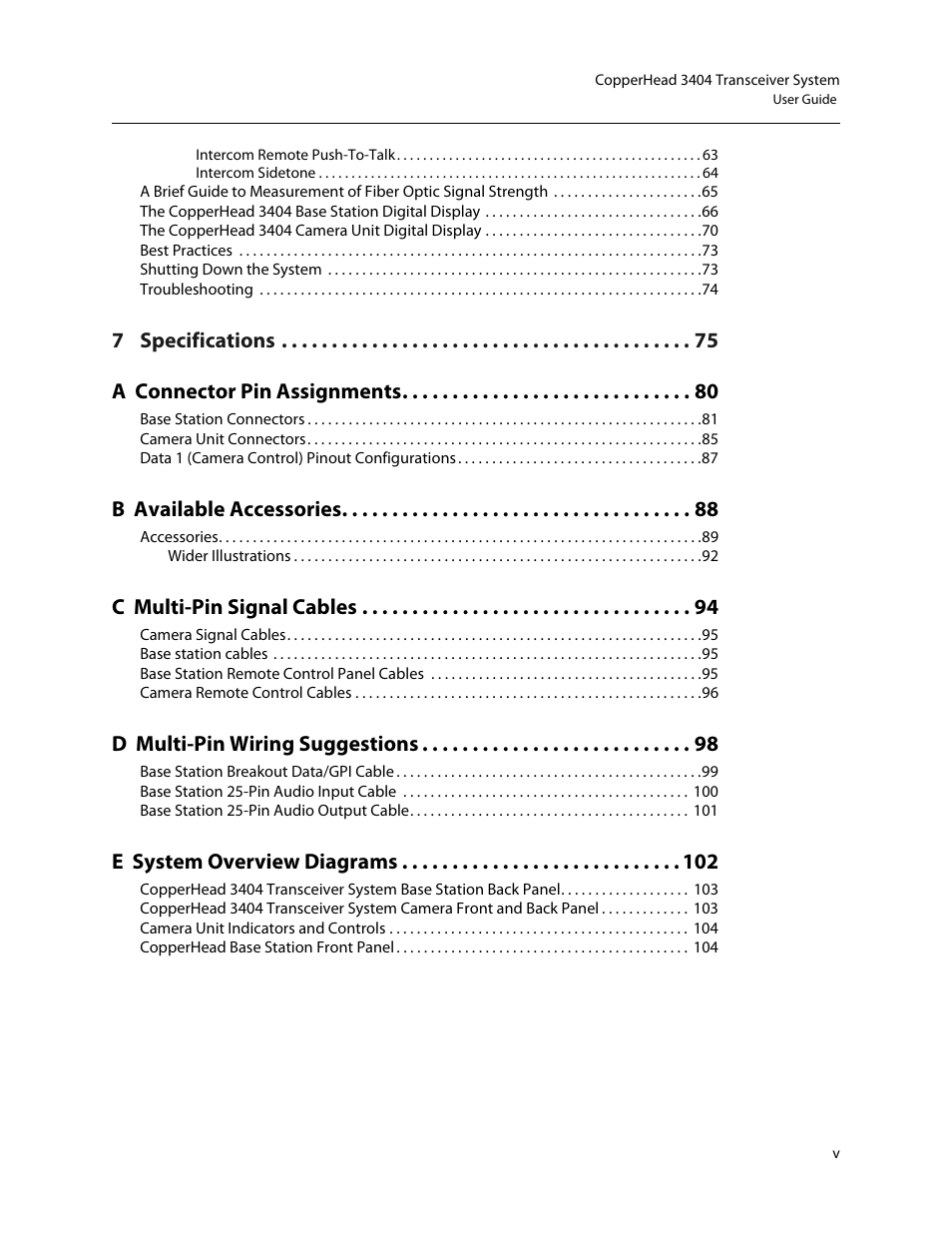 7 specifications a connector pin assignments, B available accessories, C multi-pin signal cables | D multi-pin wiring suggestions, E system overview diagrams | Grass Valley 3404 CopperHead User Manual | Page 5 / 111