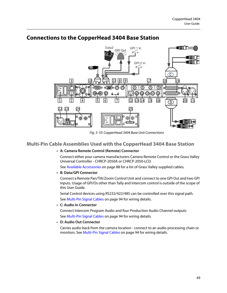 Connections to the copperhead 3404 base station | Grass Valley 3404 CopperHead User Manual | Page 55 / 111