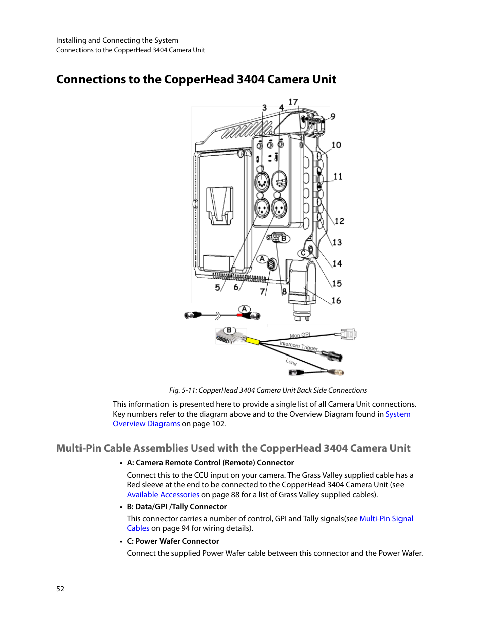 Connections to the copperhead 3404 camera unit | Grass Valley 3404 CopperHead User Manual | Page 58 / 111