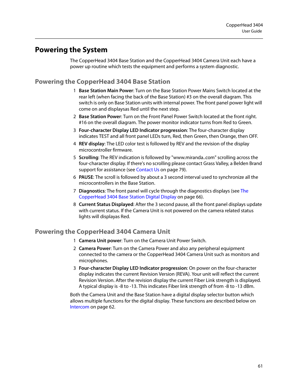 Powering the system, Powering the copperhead 3404 base station, Powering the copperhead 3404 camera unit | Grass Valley 3404 CopperHead User Manual | Page 67 / 111