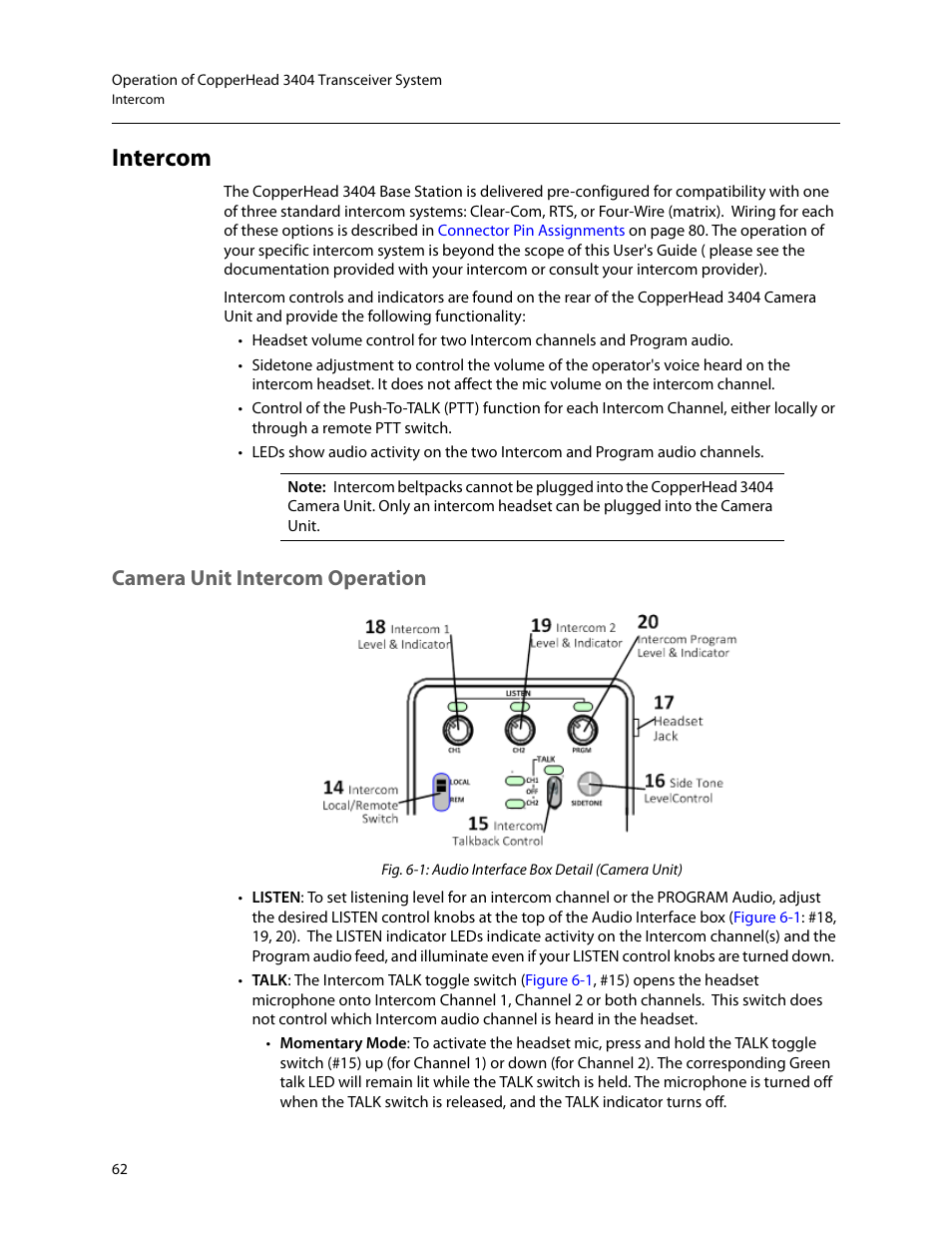 Intercom, Camera unit intercom operation, Ation, see | Grass Valley 3404 CopperHead User Manual | Page 68 / 111