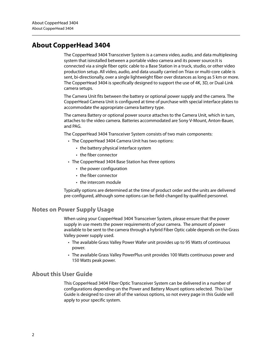 About copperhead 3404, Notes on power supply usage, About this user guide | Notes on power supply usage about this user guide | Grass Valley 3404 CopperHead User Manual | Page 8 / 111