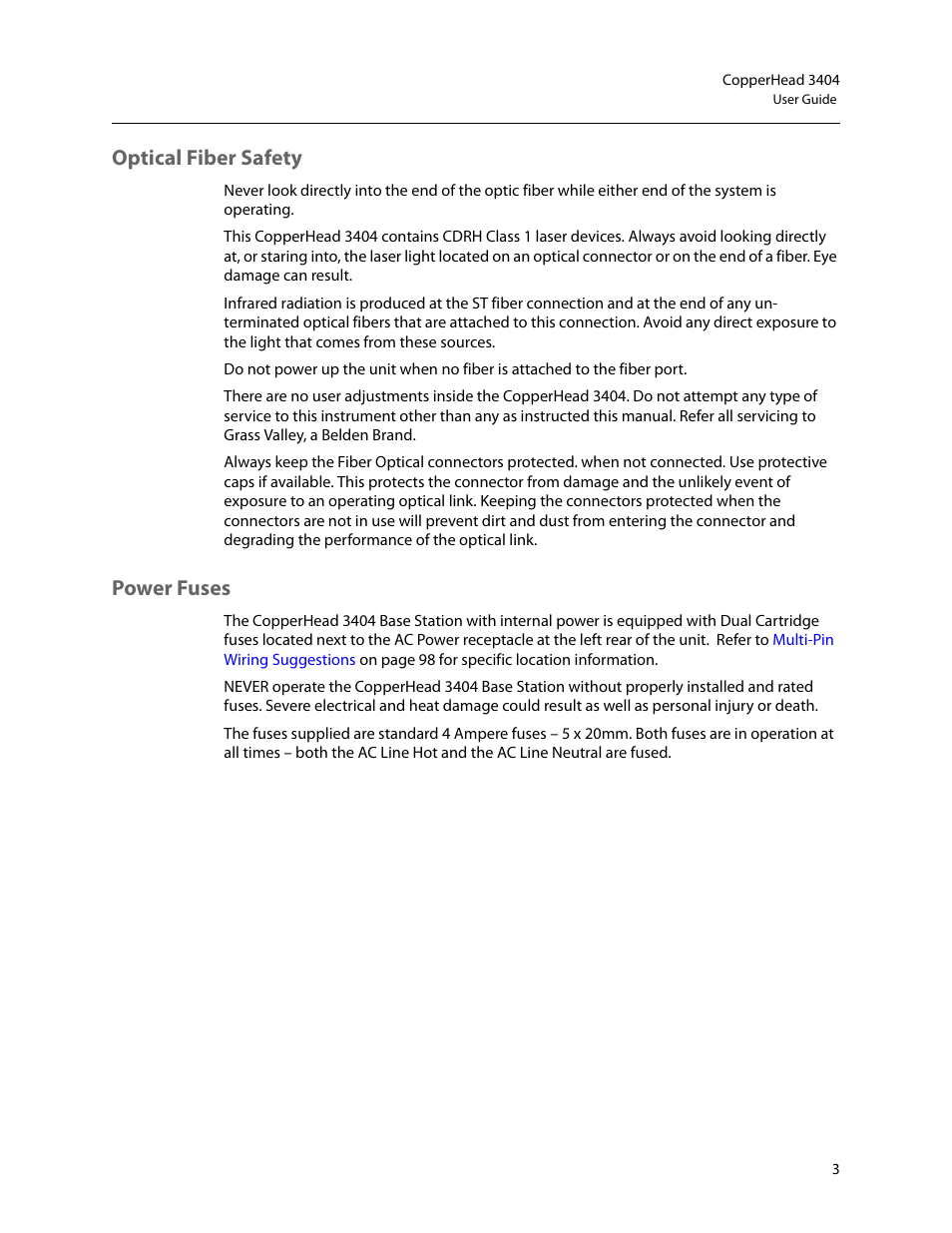 Optical fiber safety, Power fuses, Optical fiber safety power fuses | Grass Valley 3404 CopperHead User Manual | Page 9 / 111