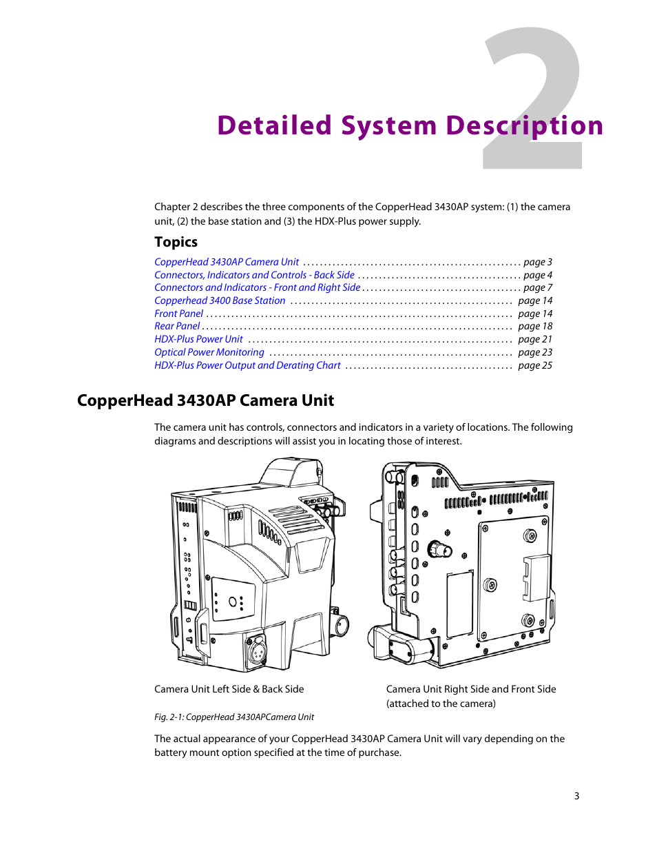 Chaptertitle - detailed system description, 2 detailed system description, Copperhead 3430ap camera unit | Detailed system description, Topics | Grass Valley 3430AP CopperHead User Manual | Page 15 / 85