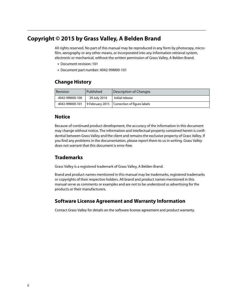 Heading2 - change history, Heading2 - notice, Heading2 - trademarks | Copyright © 2015 by grass valley, a belden brand, Change history notice, Trademarks | Grass Valley 3430AP CopperHead User Manual | Page 2 / 85