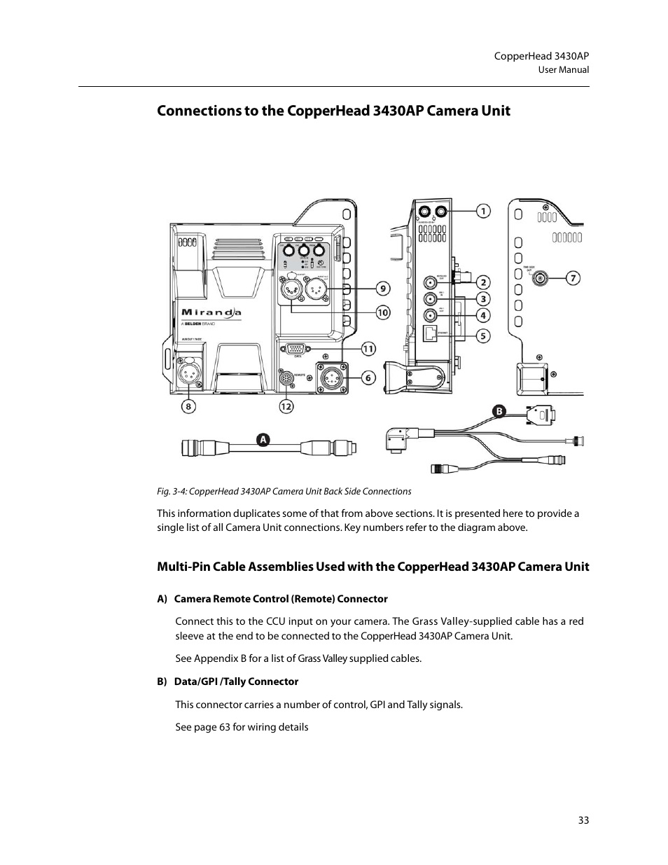 Connections to the copperhead 3430ap camera unit | Grass Valley 3430AP CopperHead User Manual | Page 45 / 85
