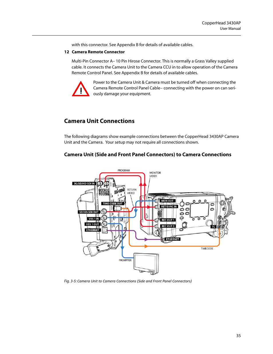 Heading2 - camera unit connections, Camera unit connections | Grass Valley 3430AP CopperHead User Manual | Page 47 / 85