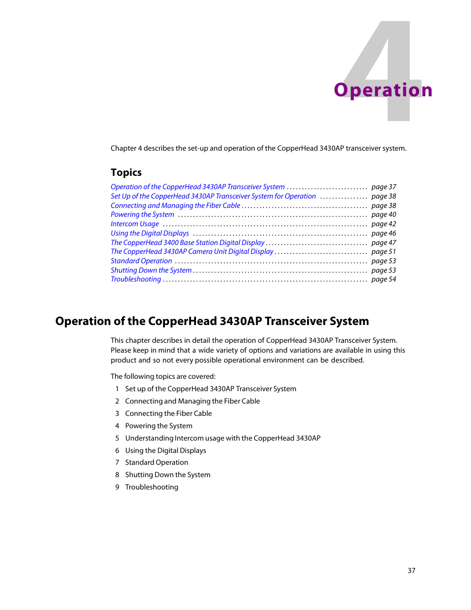 Chaptertitle - operation, 4 operation, Chapter 4 | Operation, Topics | Grass Valley 3430AP CopperHead User Manual | Page 49 / 85