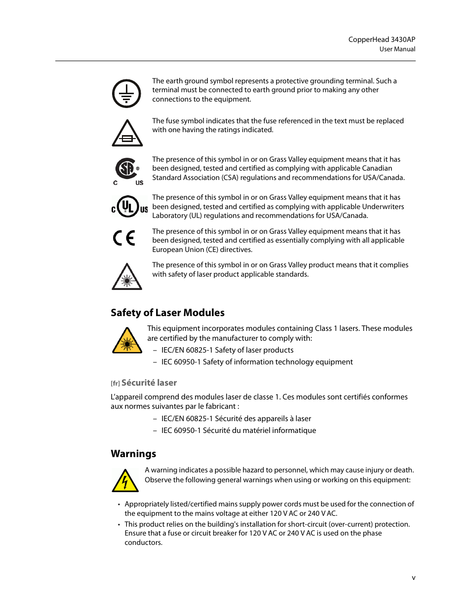 Safety of laser modules, Warnings | Grass Valley 3430AP CopperHead User Manual | Page 5 / 85