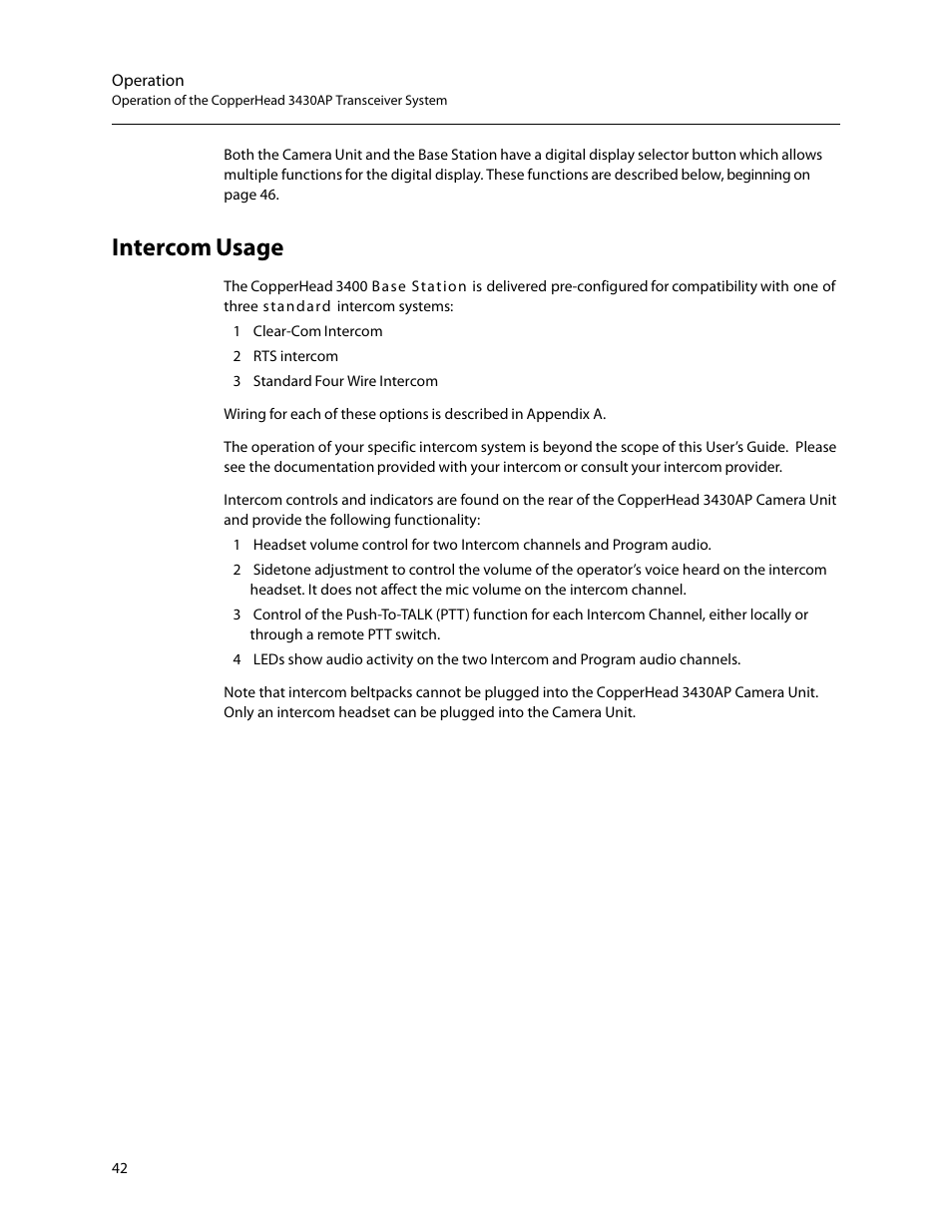 Intercom usage, Intercom, Usage | Inter, Com usage | Grass Valley 3430AP CopperHead User Manual | Page 54 / 85