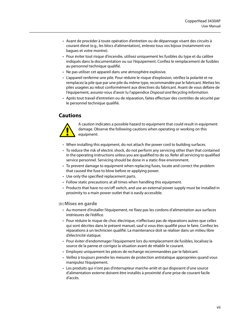 Cautions | Grass Valley 3430AP CopperHead User Manual | Page 7 / 85