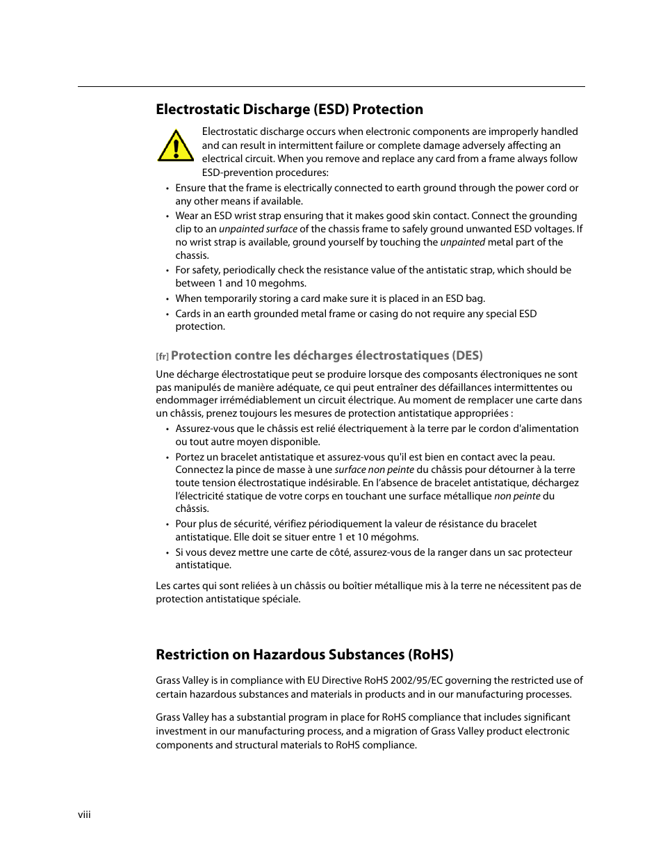 Electrostatic discharge (esd) protection, Restriction on hazardous substances (rohs) | Grass Valley 3430AP CopperHead User Manual | Page 8 / 85